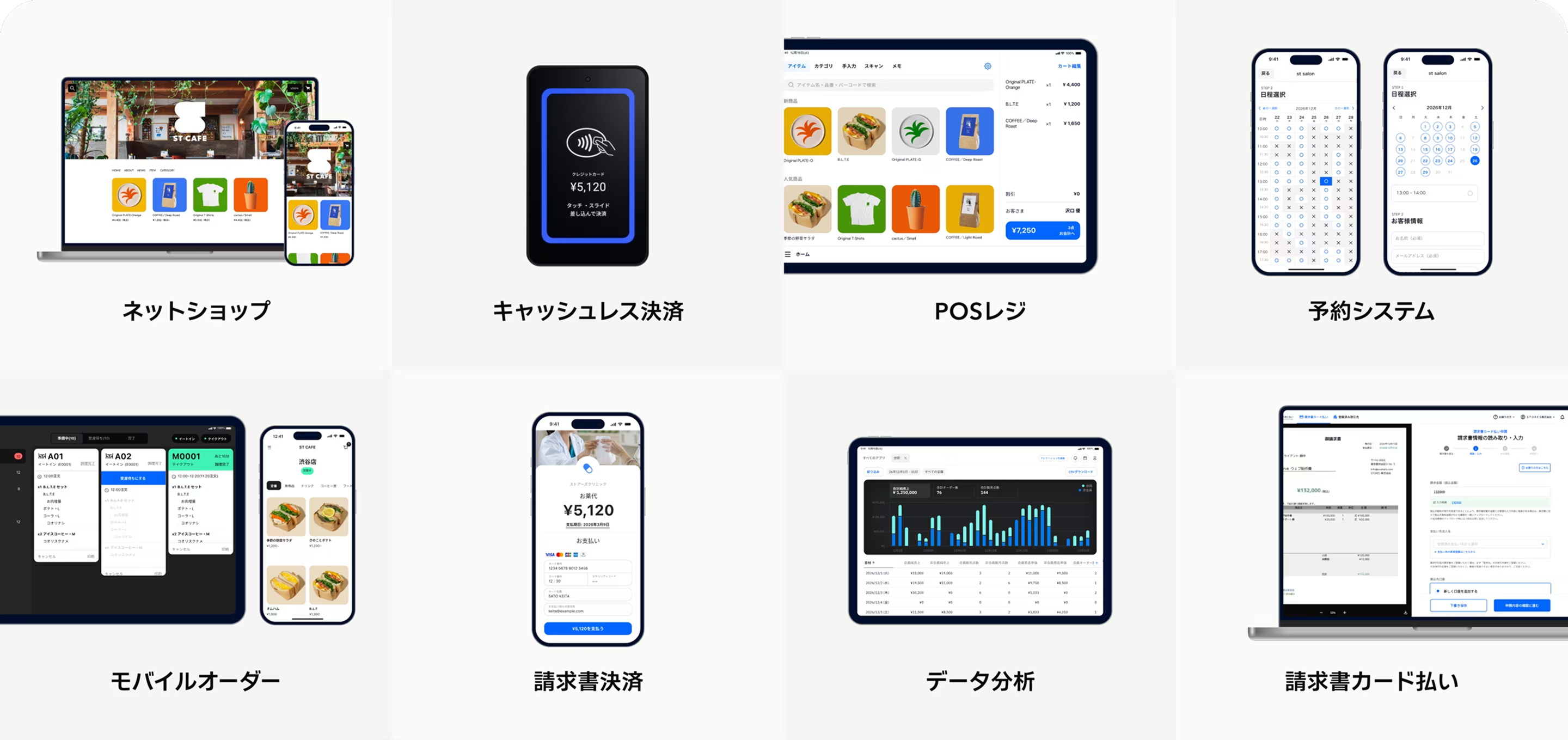 STORES の8つのサービス:ネットショップ、キャッシュレス決済、POSレジ、予約システム、モバイルオーダー、請求書決済、データ分析、請求書カード払い