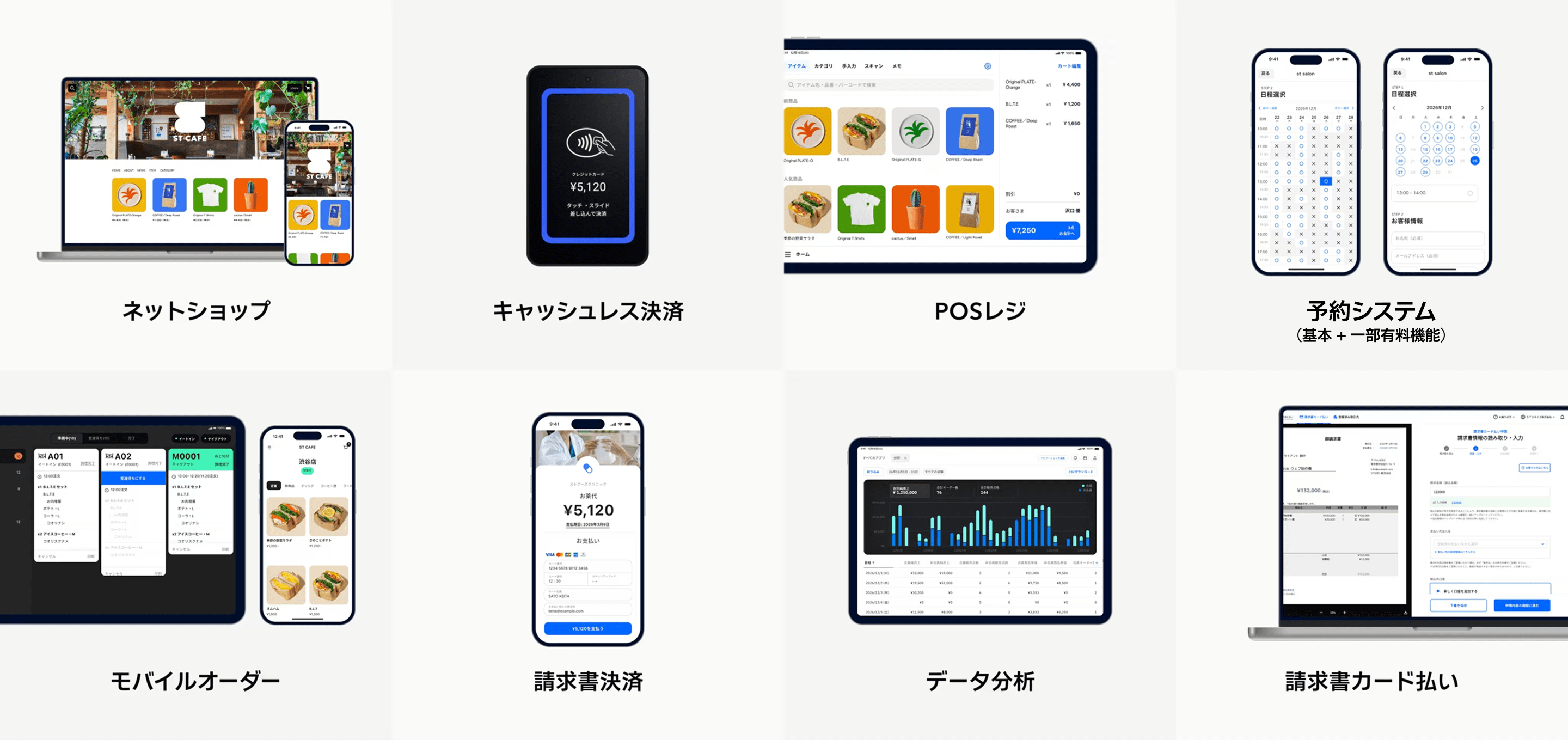 STORES の8つのサービス:ネットショップ、キャッシュレス決済、POSレジ、予約システム、モバイルオーダー、請求書決済、データ分析、請求書カード払い