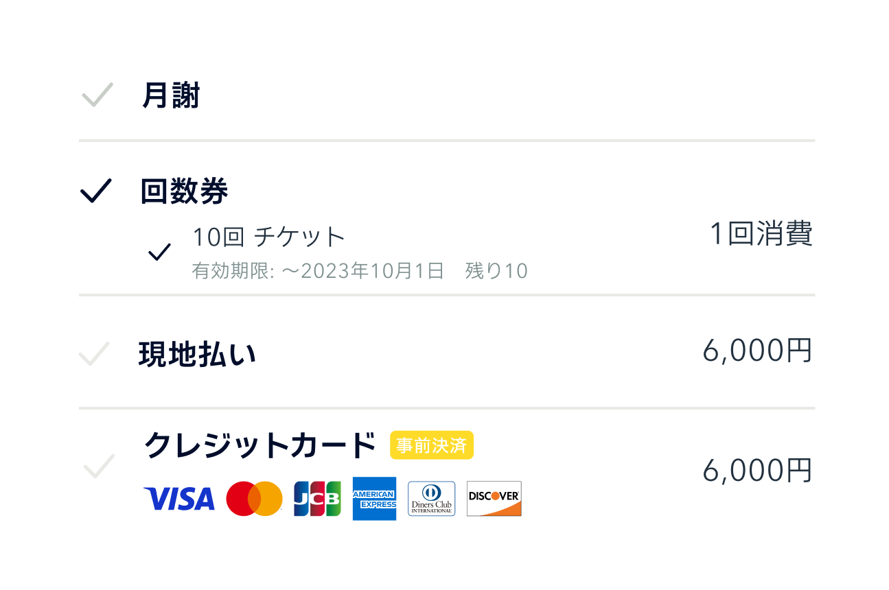 支払い管理 回数券の残数管理、月会費の支払い管理が自動化。