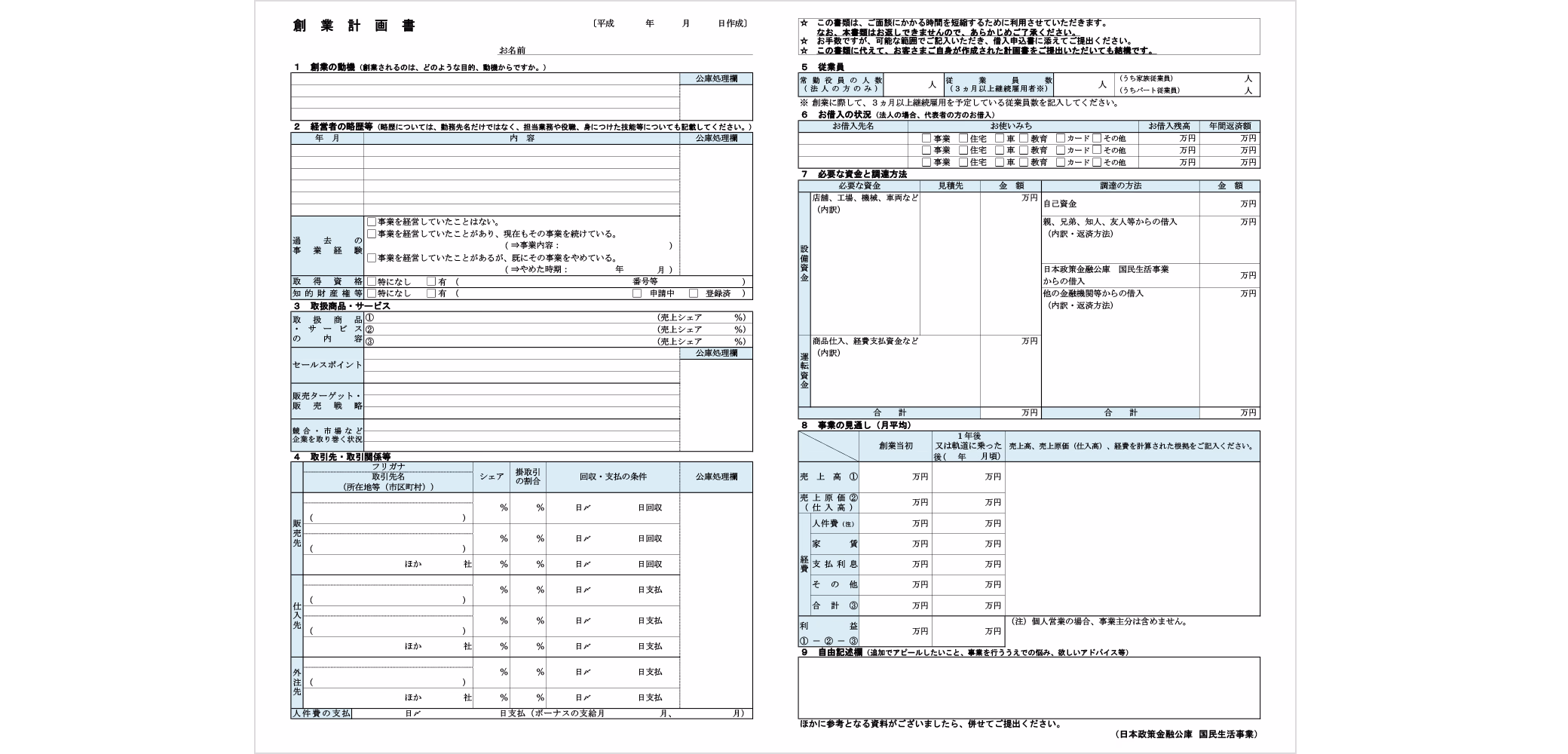 創業計画書の書式サンプル