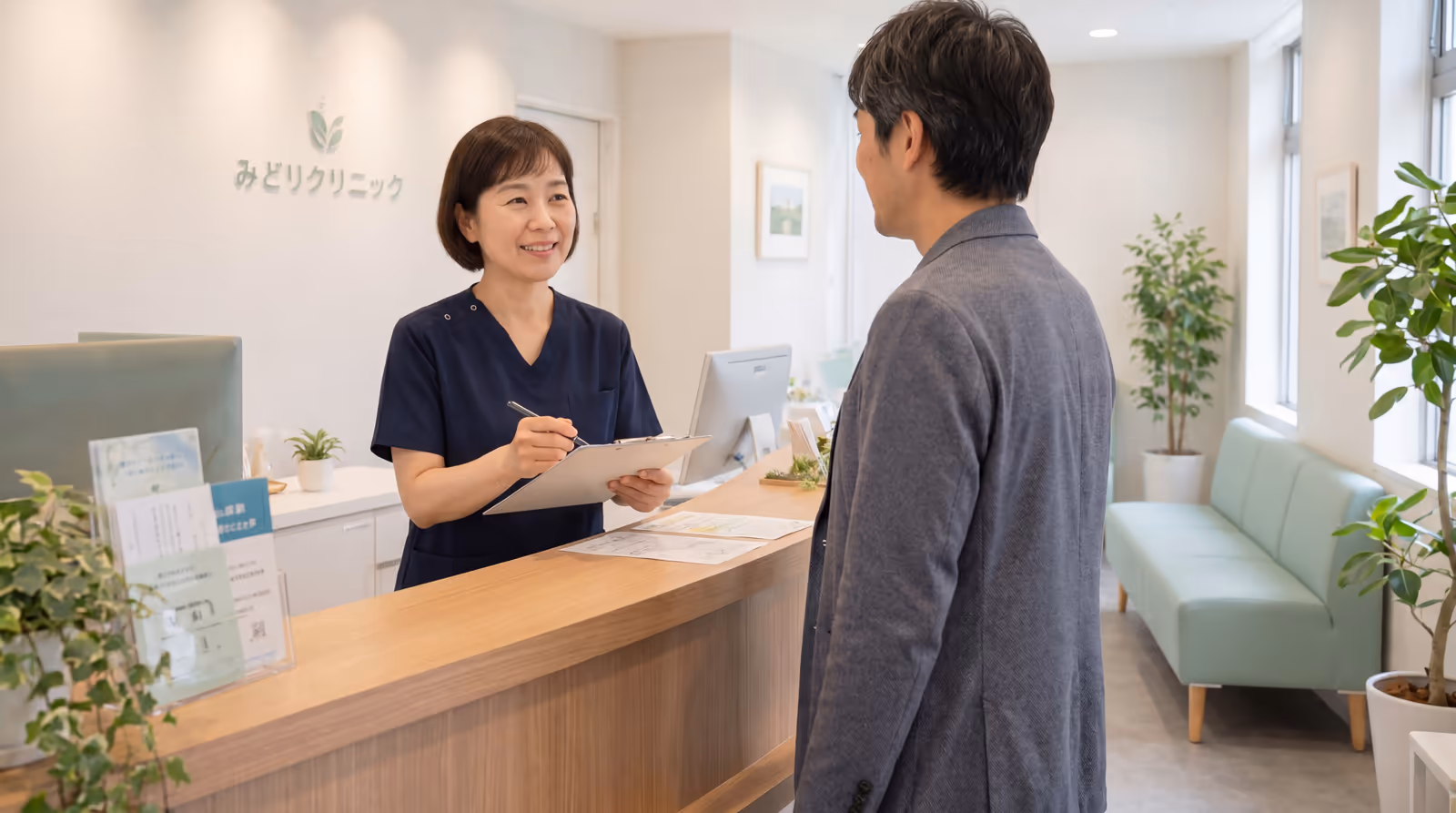 クリニックの受付で看護師がタブレットを手に来院者を案内するイメージ