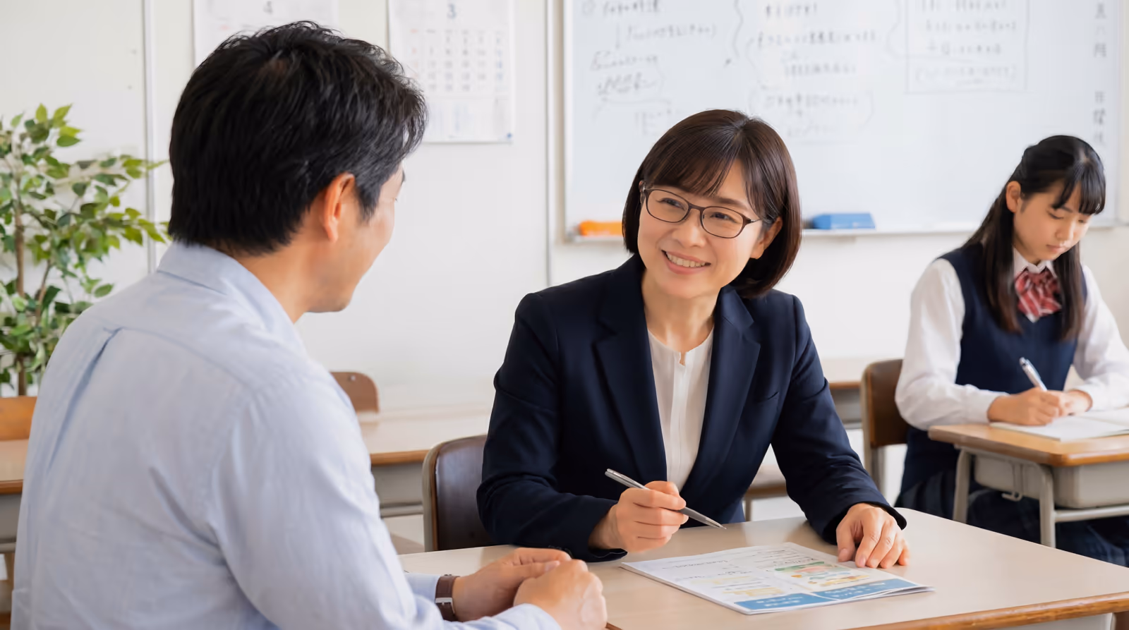 教室で講師がスマホを手に保護者と話している様子と、生徒たちが鞄を片付けているイメージ