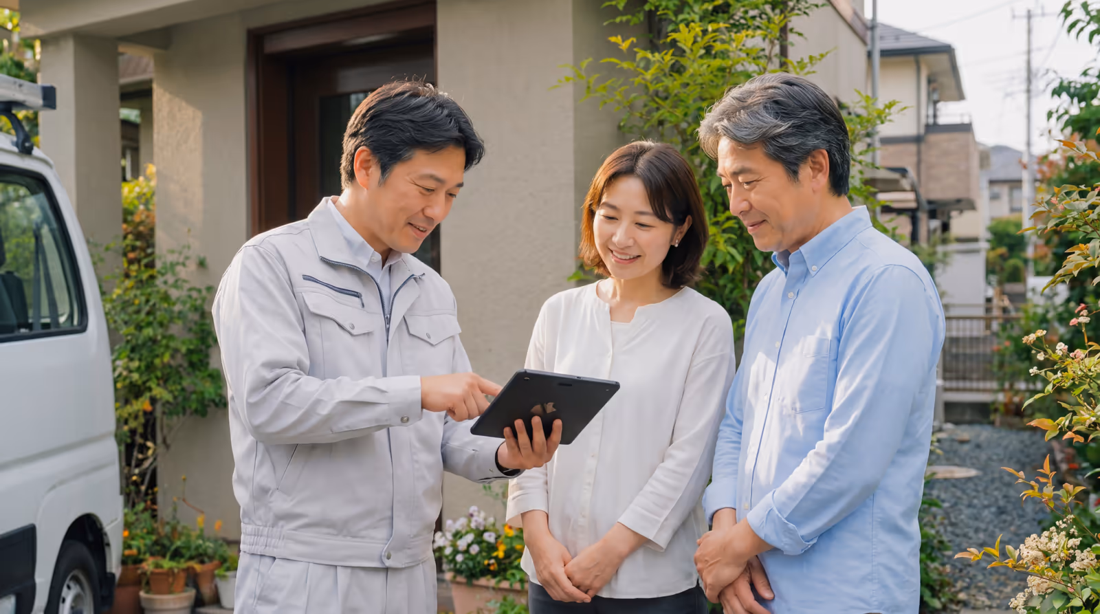 訪問先で作業着の業者がスマホで顧客と決済画面を確認するイメージ