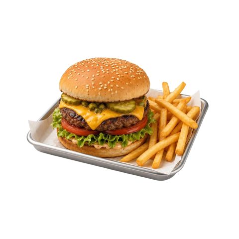 ハンバーガーとポテトのテイクアウトセットの3Dイラスト
